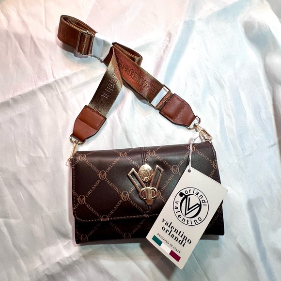 Valentino Orlandi Crossbody Clutch Brown & Gold Hardware, Turn Lock Guitar Strap - Picture 2 of 16